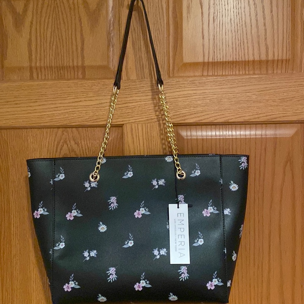 Emperia black pink white floral faux leather tote bag NWT chain handles